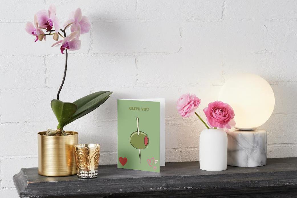 Physical - Funny, green "Olive You" - I love you greeting card.