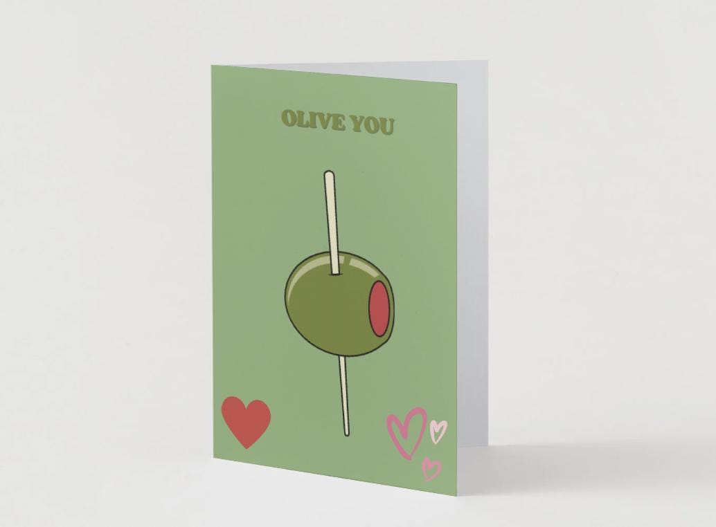 Physical - Funny, green "Olive You" - I love you greeting card.
