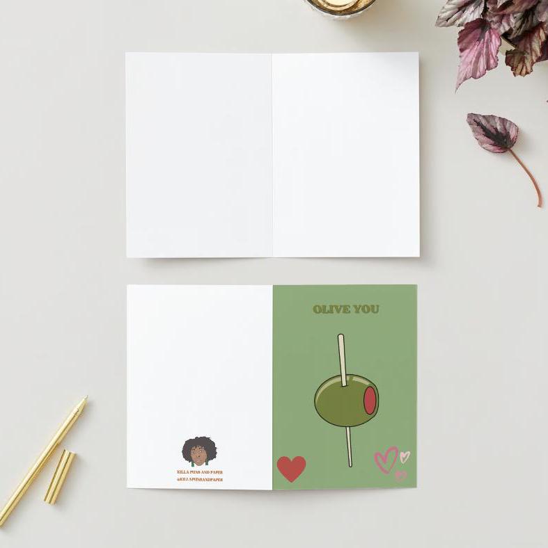 Digital Download - Funny, green "Olive You" - I love you greeting card.