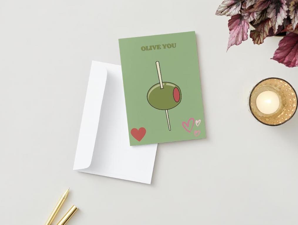 Digital Download - Funny, green "Olive You" - I love you greeting card.
